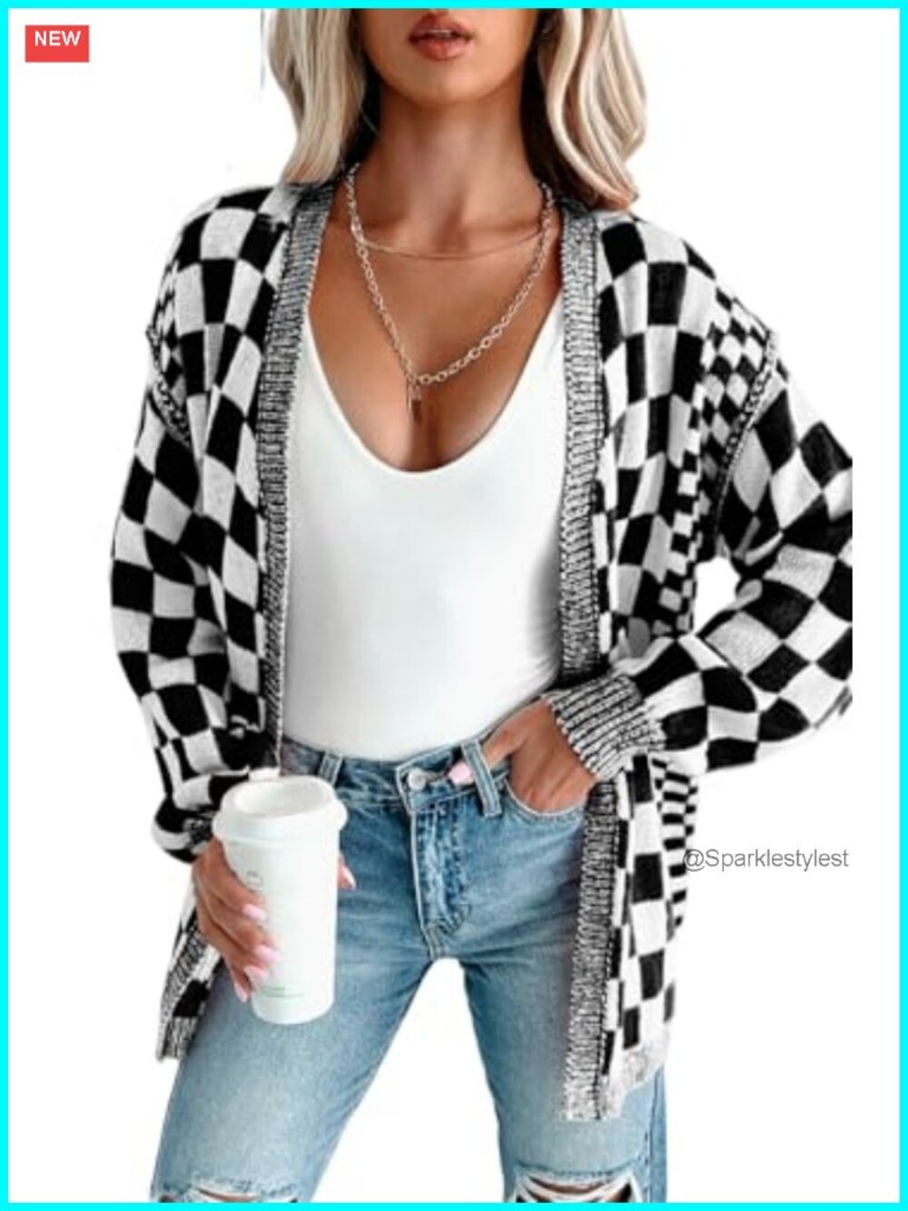 Womens Open Front Chunky Knit Cardigan Sweater Plaid Checkered Fall Coat